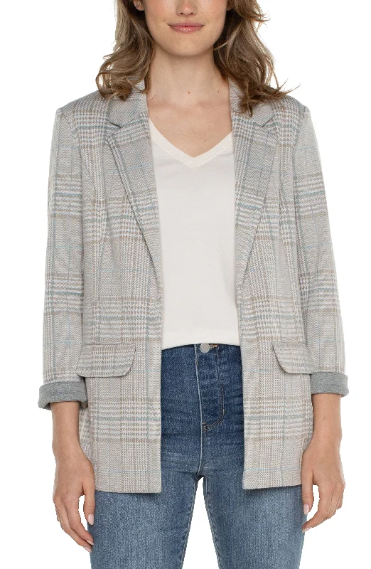 Liverpool Boyfriend Blazer (Oatmeal Turquoise Plaid) Women's Denim Suit