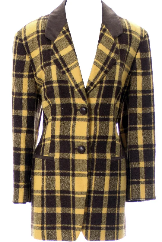 Mondi mustard plaid vintage blazer with suede elbow patches Women's High-End Blazer