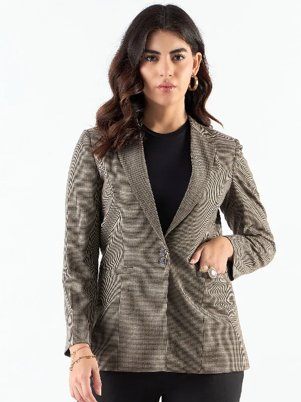 Beige Poly Viscose Notched Lapel Refined Check Blazer Women's Short Blazer