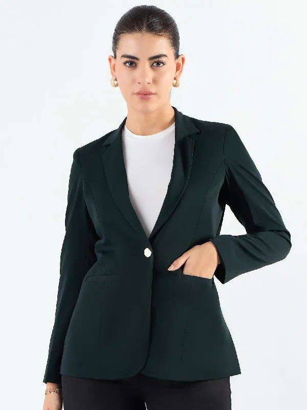 Classic Green Poly Viscose Notched Lapel Tailored Fit Blazer Summer Women's Jacket