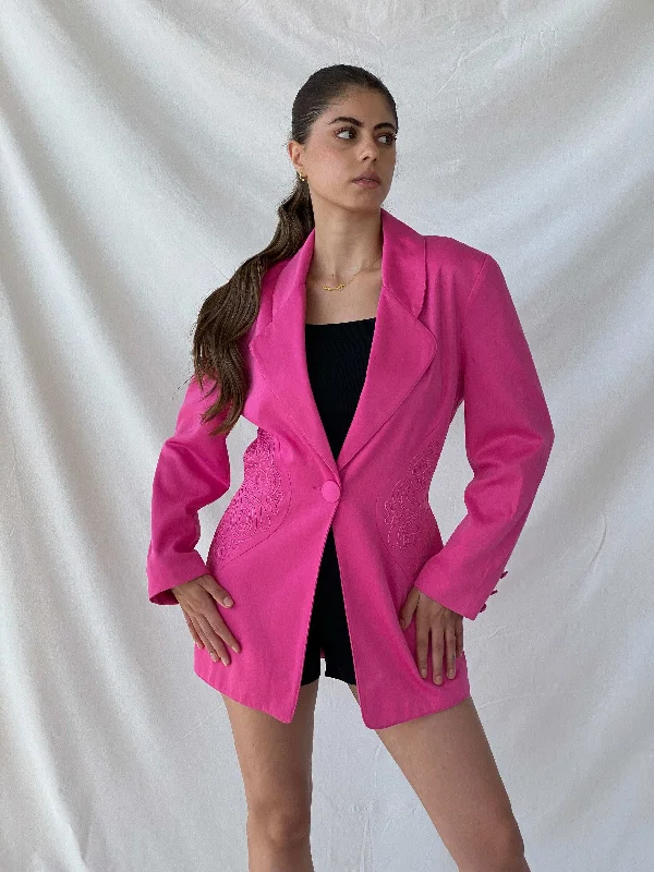 Vintage 80s Séduction Paris Pink m Embroidered Oversized Blazer - M Women's Handmade Blazer