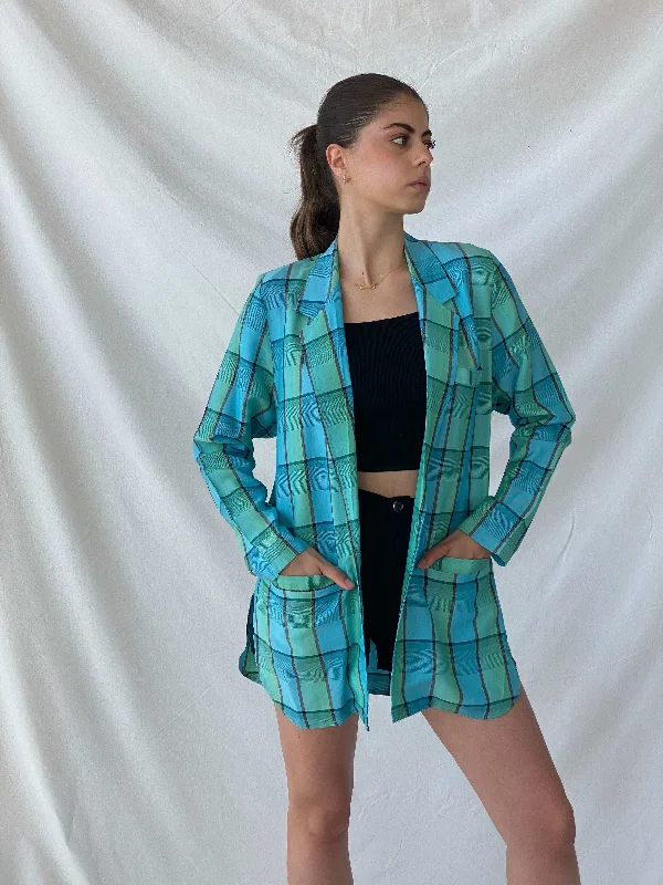 Vintage 80s/90s Instant Shop Green & Blue Plaid Oversized Blazer - L Women's Elegant Suit