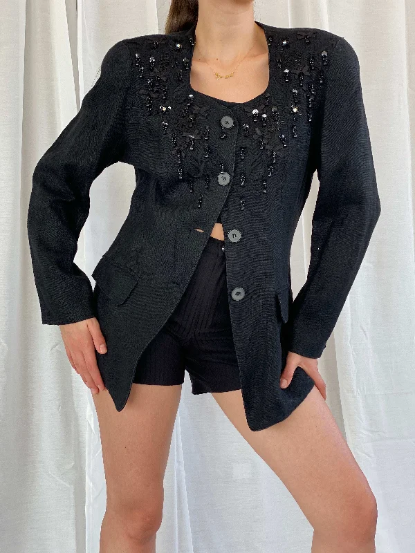 Beautiful Vintage ALEXIS Black Beaded Long Party Blazer - L Women's Designer Suit