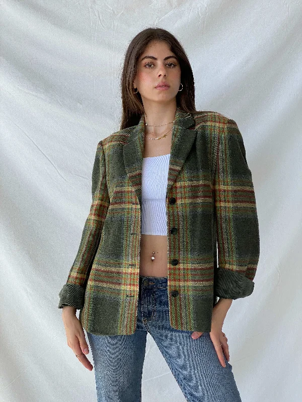 Vintage Delmod Plaid Wool Green Blazer - L Women's Denim Suit