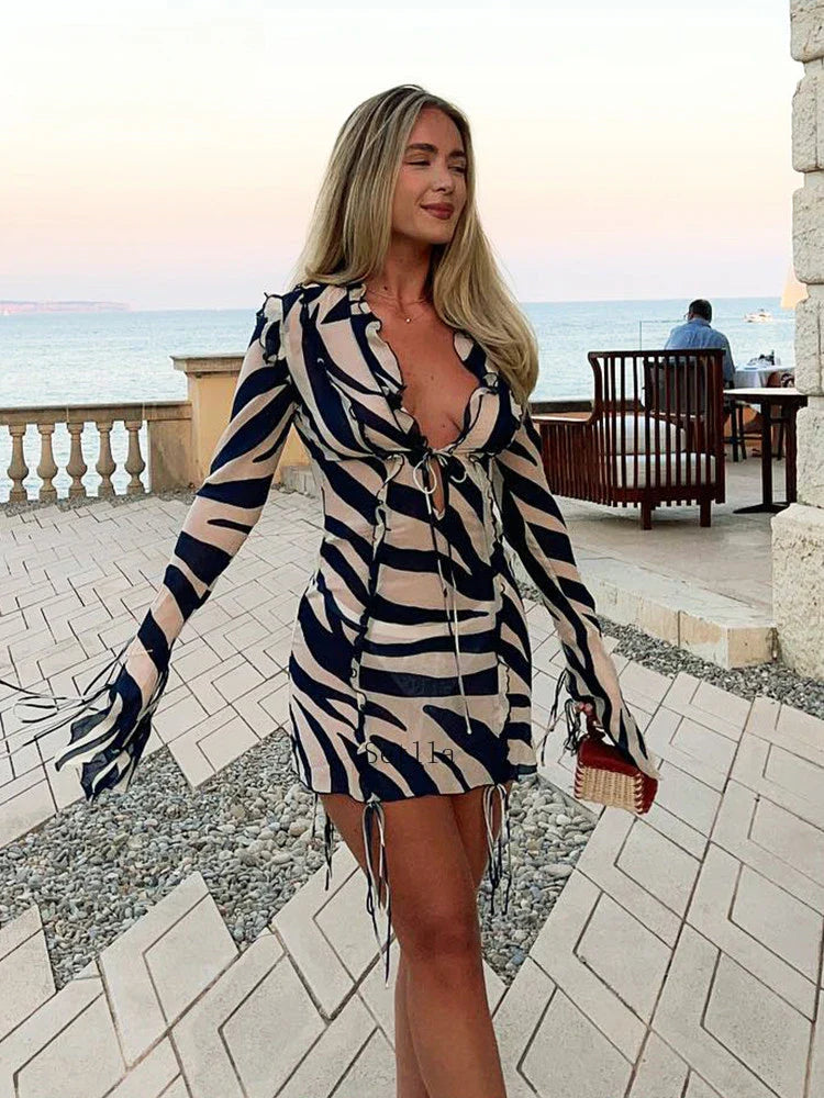 Print Long Sleeve Mini Summer Beach Dress Ruffles Mesh Sexy Party Dresses Bodycon Bandage See Through 90s Club Sexy Dress Tunics Trendy modern