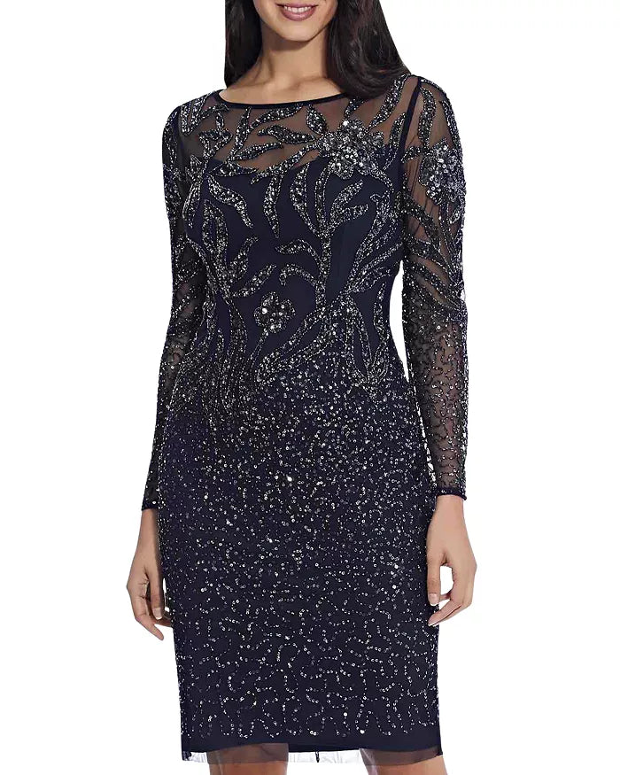 Adrianna Papell Boat Neck Long Sleeve Illusion Sequined Beaded Zipper Back Bodycon Mesh Dress Tunics Business professional