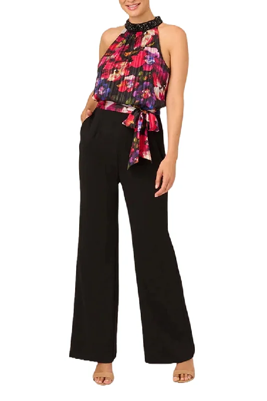 Adrianna Papell embellished halter neck floral print chiffon bodice zipper closure straight leg solid crepe pant Office-Ready Trousers