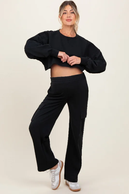 Black Oversized Crop Sweatshirt Cargo Sweatpant Maternity Set Cozy Knit Joggers