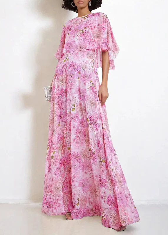 Bohemian Pink O Neck Print Chiffon Maxi Dresses Butterfly Sleeve Tunics New arrival