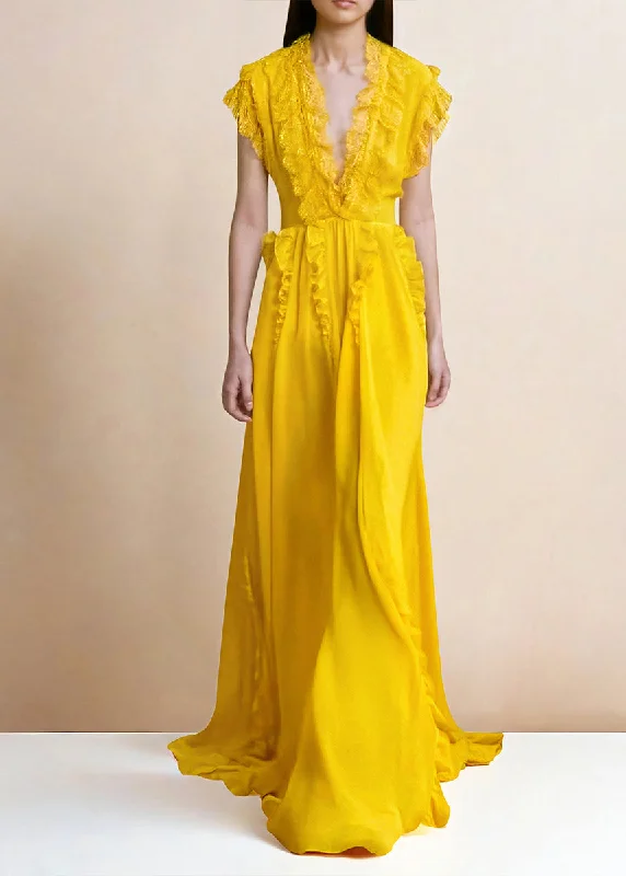 Boutique Yellow V Neck Ruffled Patchwork Silk Dresses Summer Tunics Bridal satin