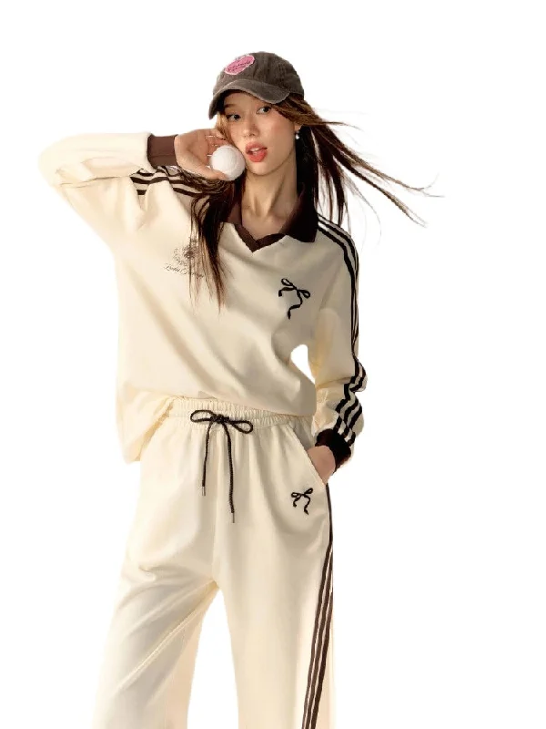 Bow Embroidered Sweatshirt & Sweatpants Set Flared Printed Pants