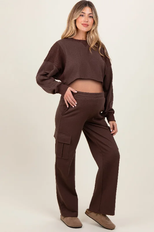 Brown Oversized Crop Sweatshirt Cargo Sweatpant Maternity Set Loose Fit Linen Pants