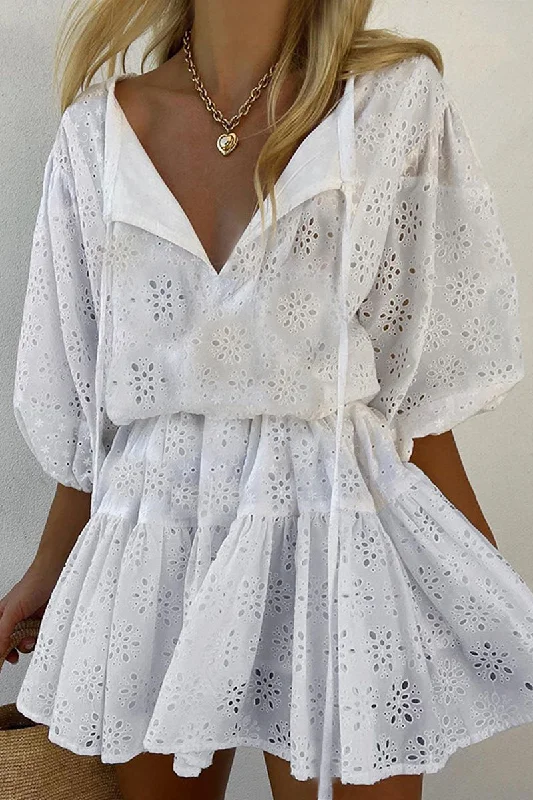 Casual Solid Embroidered O Neck A Line Dresses Tunics Summer linen