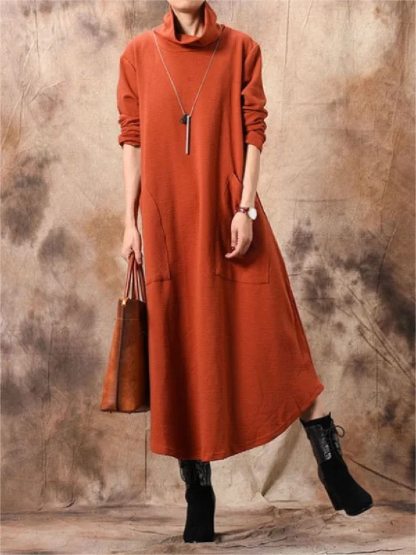 Casual High Collar Pocket Solid Color Women'S Knitted Dress Tunics Top rated