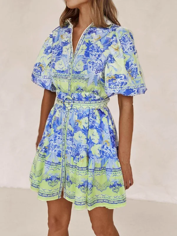 Cosybreezee - Charming Floral Print Mini Dress in Blue and Yellow Tunics Hiking breathable