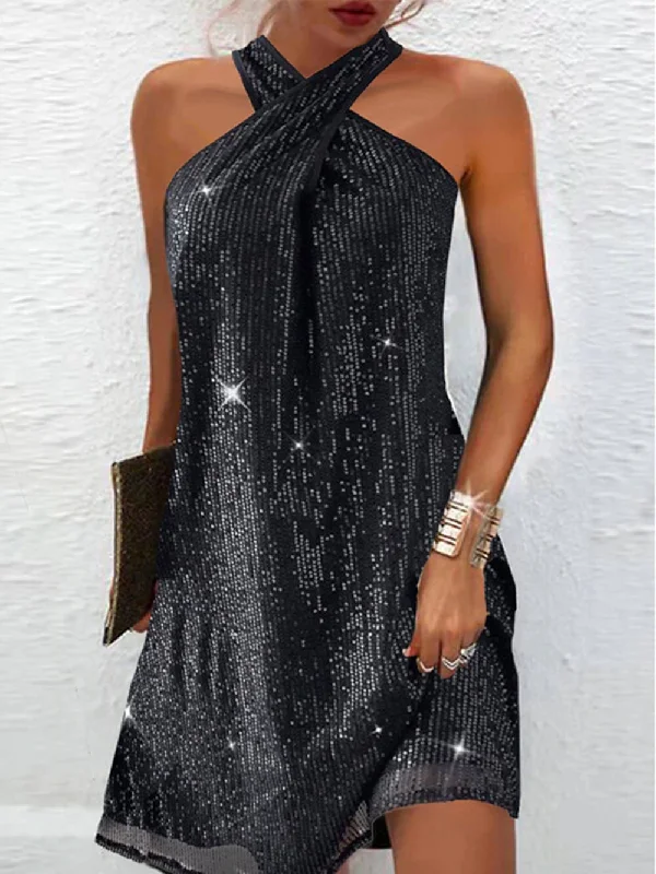 Cosybreezee - Elegant Glitter Halterneck Dress Tunics Modern contemporary