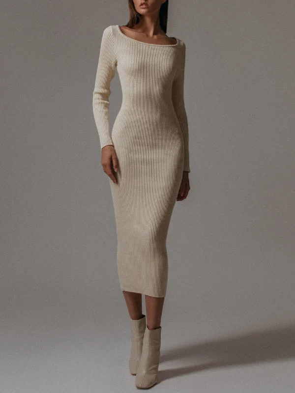 Fashion Casual Long Sleeve Knitted Slim Dress Tunics Long Elegant