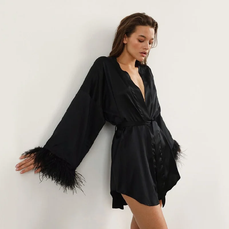 Feather Bathrobes Satin Sexy Mini Dress Long Sleeve Loose For Women Robe White Wedding Dress Black Bride Dresses Crew Neckline Casual