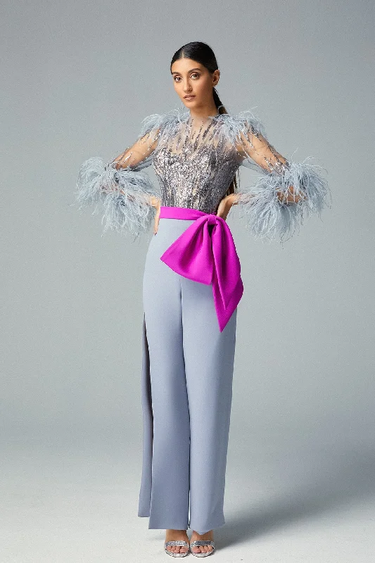 Feathered top with bow waist pants Retro Flared Skirt