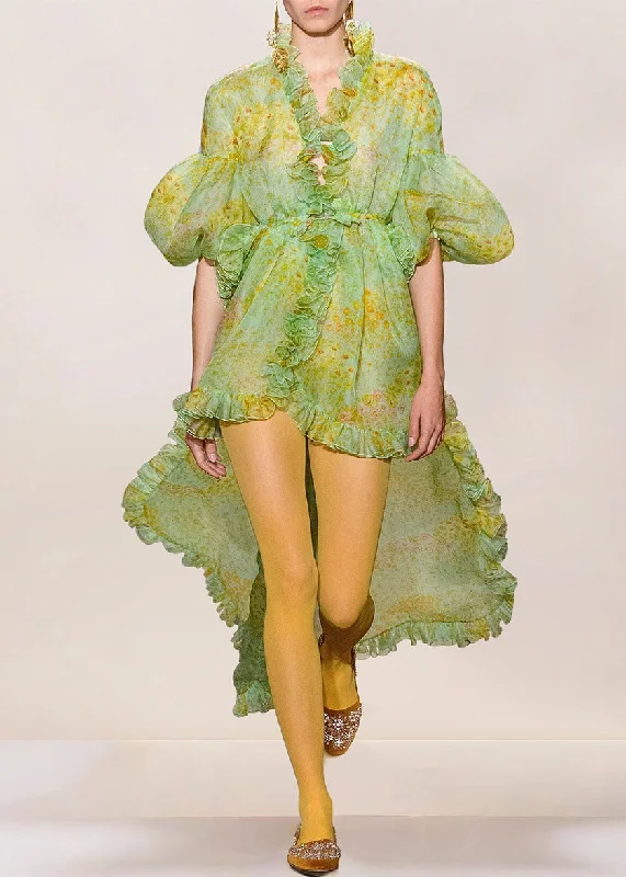 Fine Green Ruffled Print Low High Design Silk Dress Lantern Sleeve Tunics Sophisticated sleek