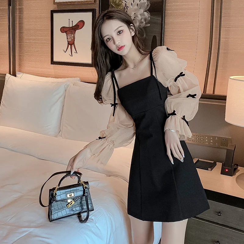 French Elegant Party Night Woman Mini Dress Patchwork Mesh Puff Sleeve Bow Sweet Girls Black Short Dresses Women Clothes Vestido Tunics Party sparkling