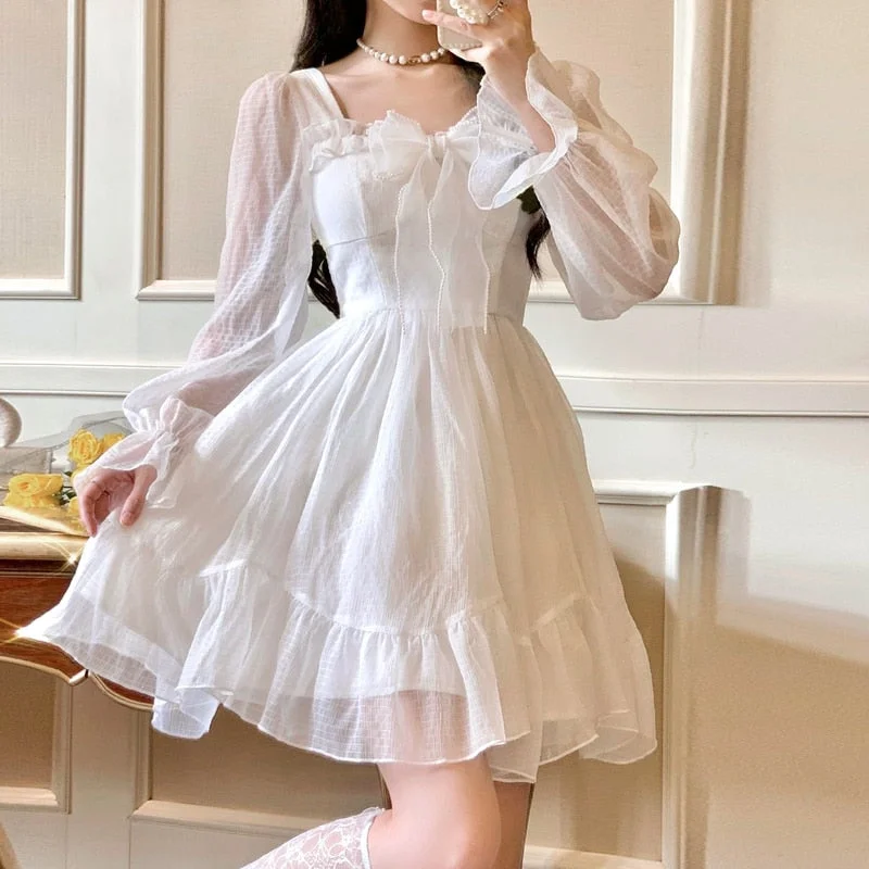 French Sweet Fairy Lolita Dress Women Long Sleeve Lace Y2k Mini Dress Vintage Kawaii Clothes One Piece Dress Korean Summer Tunics Fleece cozy