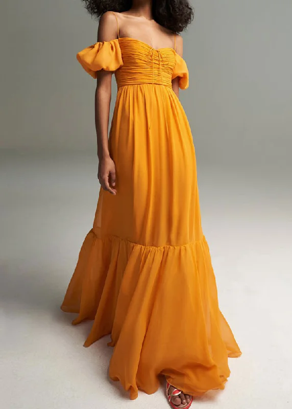 French Yellow Cinched Cold Shoulder Chiffon Long Dresses Summer Tunics Sophisticated sleek