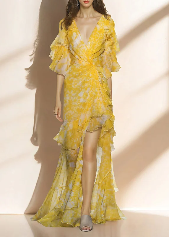 French Yellow V Neck Ruffled Asymmetrical Patchwork Silk Long Dress Summer Tunics Fashionable chic