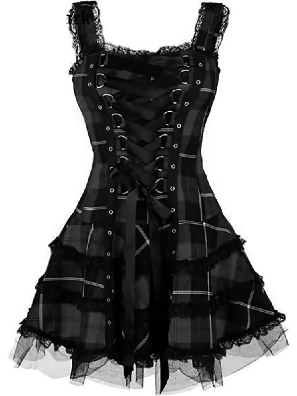 Goth Dark Plaid Bandage Gothic Women A-line Dresses Grunge Aesthetic Lace Trim Patchwork Mini Dress Punk Bodycon Sexy Partywear Tunics Party sparkling