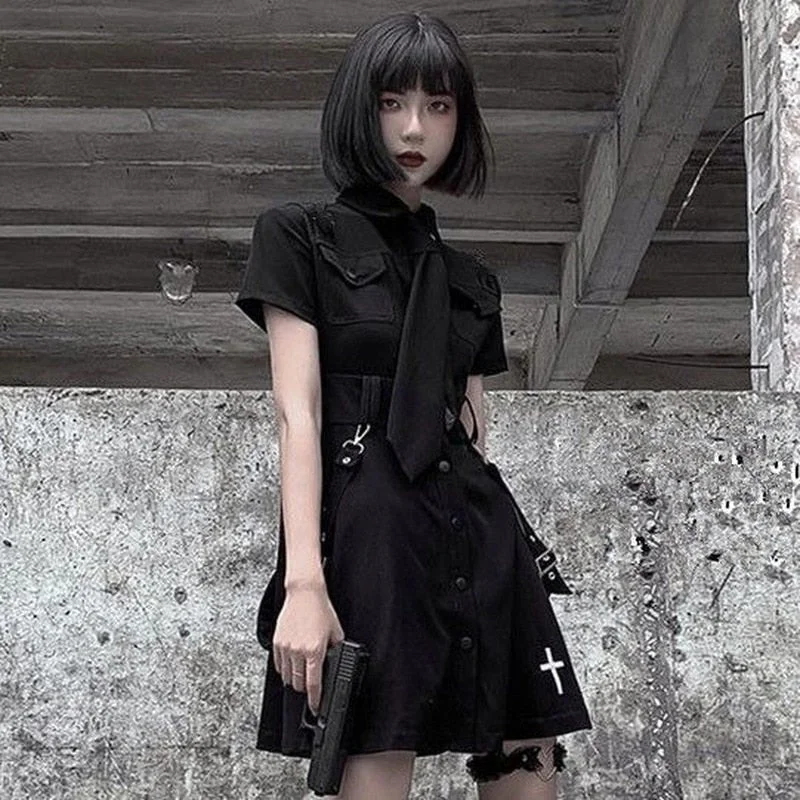 Goth Dress Punk Gothic Harajuku Summer Black Mini Dress Shirt Women Short Sleeve Emo Clothes Mall Goth Dark Academia Tunics Velvet soft