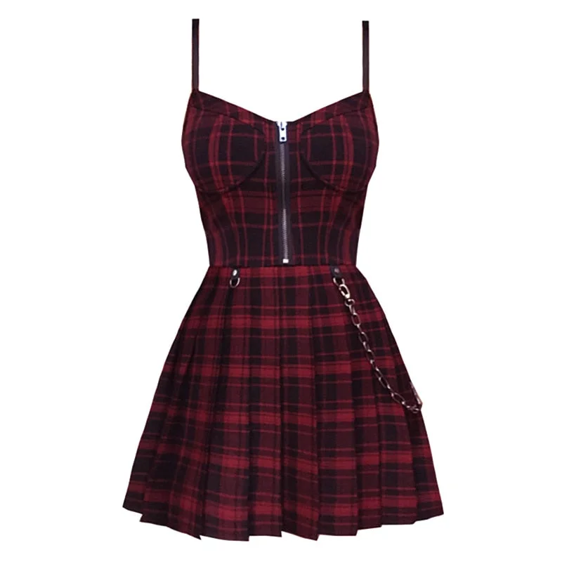 Gothic Girls Plaid Pleated Punk Dress Preppy Style Red Black Spaghetti Strap Sexy Sleeveless Mini Short Dresses Goth Streetwear Crew Neckline Sporty