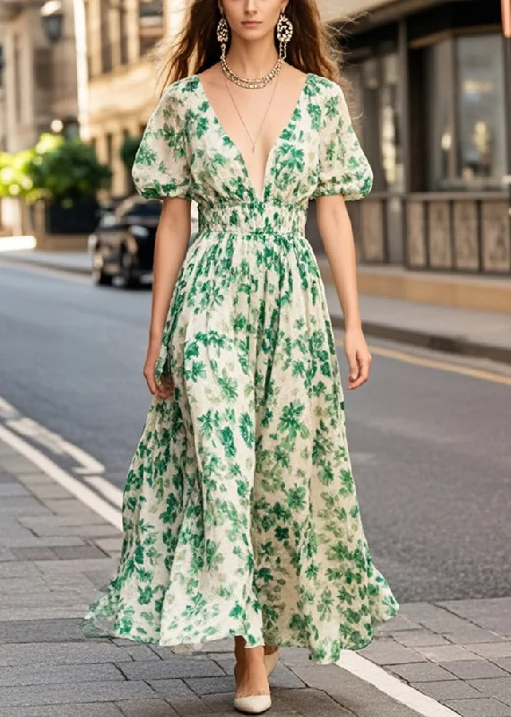 Green Print Chiffon Long Dresses Deep-V Neck Puff Sleeve Tunics Fleece cozy