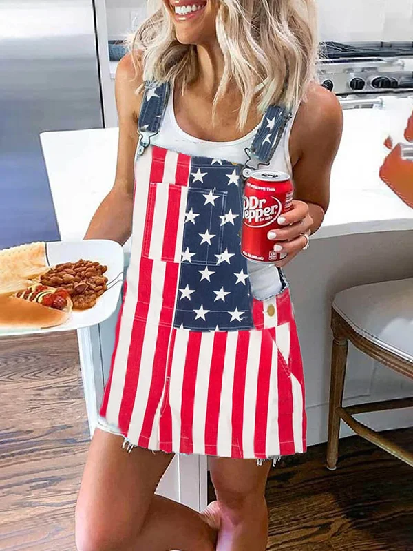 Cosybreezee - Independence Day Flag Print Mini Dress with Pocket Strap Tunics Long Elegant