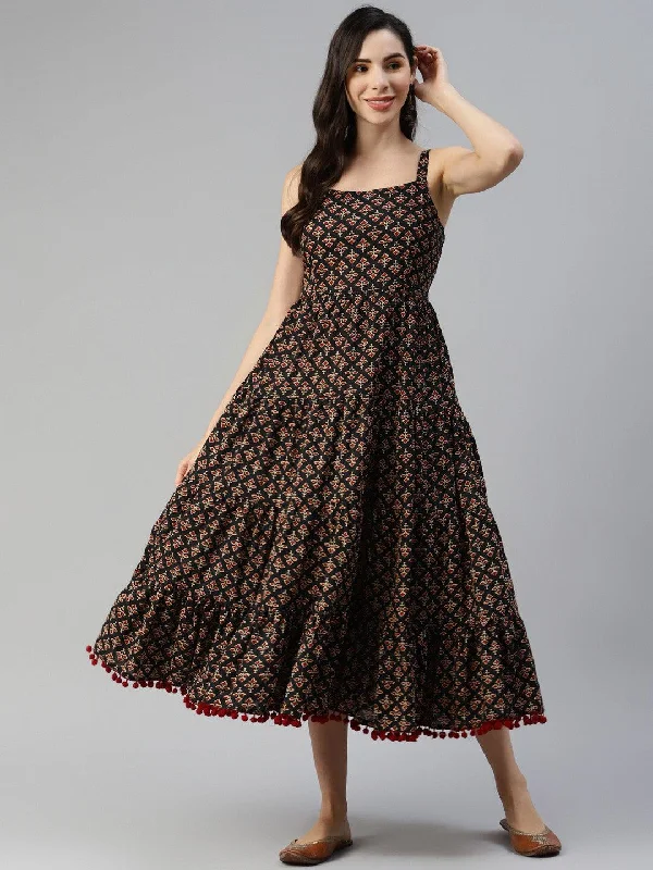 Jashvi Black Floral Printed Shoulder Strip Long dress Tunics Summer linen