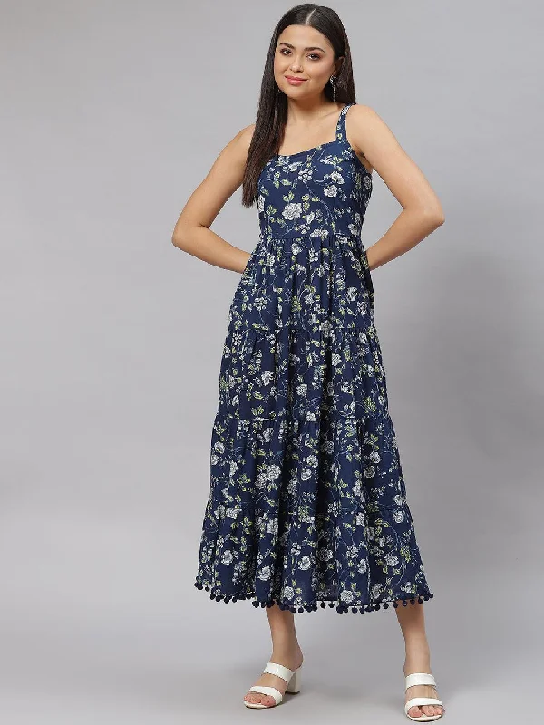 Jashvi Blue Floral Shoulder Strip Long Dress Tunics Versatile functional