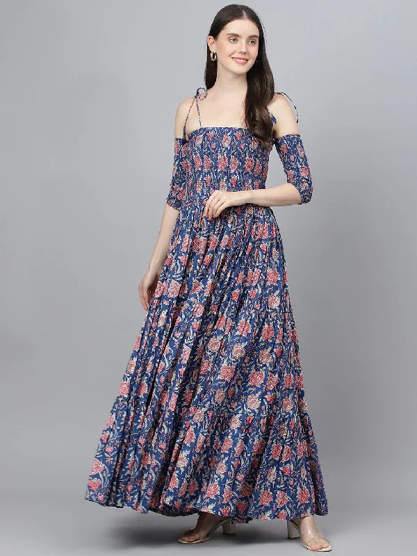 Jashvi Blue Floral Printed Shoulder Strips Flared Long Dress Off-the-shoulder Chic Trendy