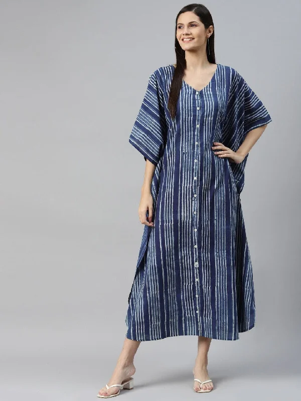 Jashvi Blue Hand Block Printed Striped Kaftan Dress Tunics Canvas sturdy