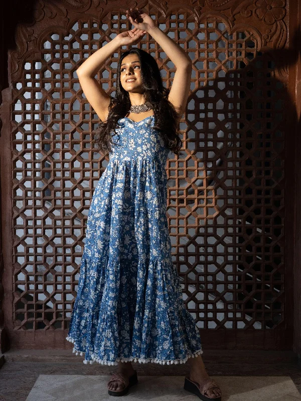 Jashvi Indigo Floral Printed Shoulder Strip Long Dress Tunics Spring floral