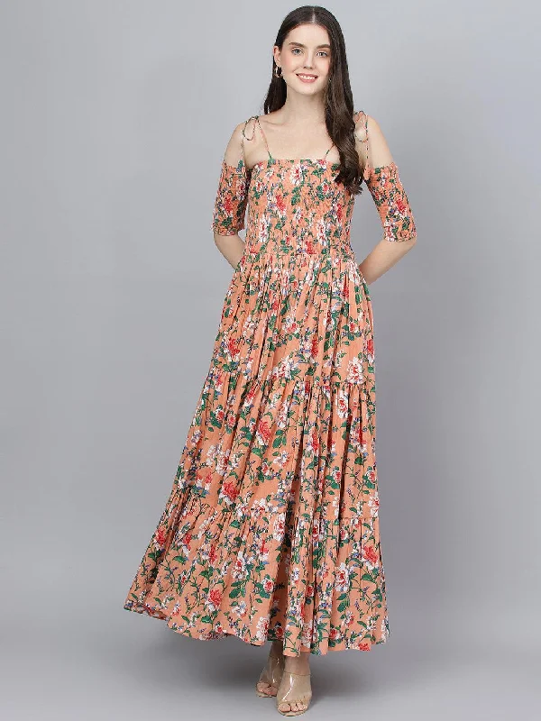 Jashvi Peach Floral Printed Shoulder Strips Flared Long Dress sweetheart Neckline Romantic