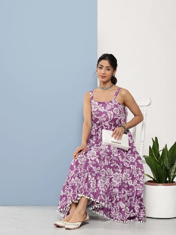 Jashvi Purple Floral Shoulder Strip Long Dress Tunics Review highly