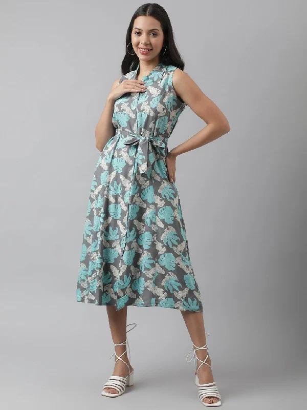 Jashvi Rayon Grey A-Line Floral Printed Midi Dress Tunics Leisure comfortable