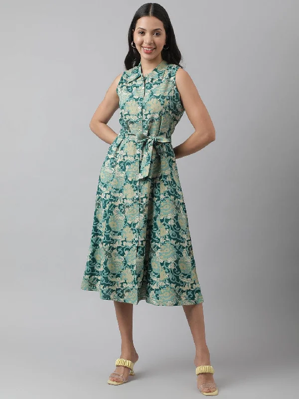 Jashvi Rayon Light Green A-Line Floral Printed Midi Dress Tunics Velvet soft