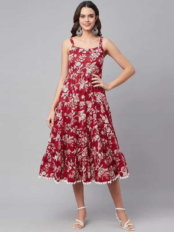 Jashvi Red Floral Printed Shoulder Strap Long dress Tunics Wedding white