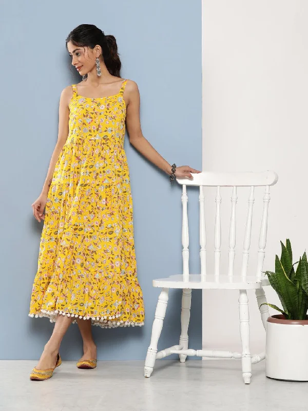 Jashvi Yellow Floral Shoulder Strip Long Dress Tunics Sophisticated sleek