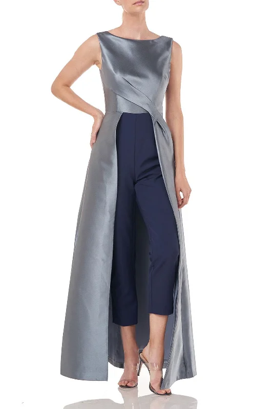 Kay Unger Boat Neck Sleeveless Pleated Zipper Back Walk-Through Twill Jumpsuit, Stretch Crepe Ankle Length Pant with Pockets Relaxed Cotton Shorts