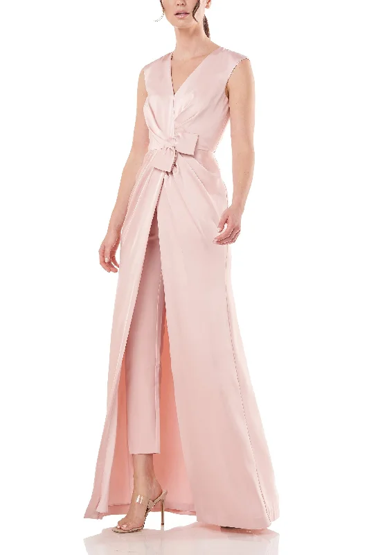 Kay Unger V-Neck Sleeveless Zipper Back Gathered Front Walk-Through Charmeuse Jumpsuit with Stretch Crepe Pant Elegant Midi Pants