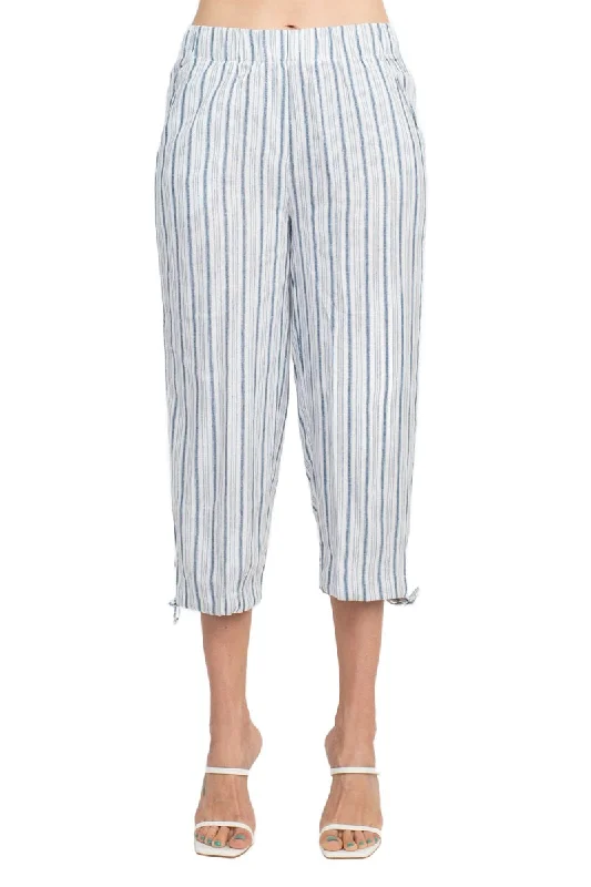 Land N Sea Pull-on Elastic Waist Tie Bottom Stripe Print Linen Pant with Pockets Casual Jogger Pants