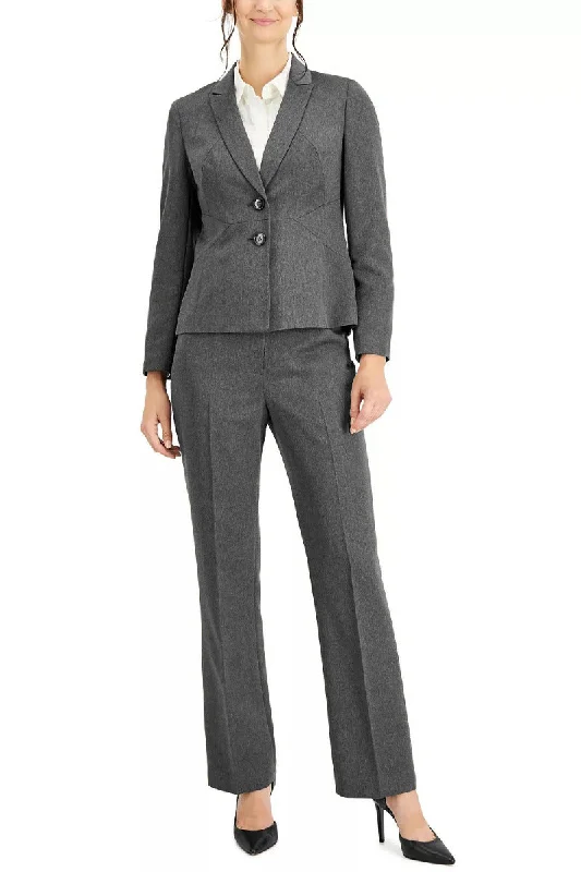 Le Suit Cotched Collar Two-Button Closure Shoulder Pads with Straight Leg, Zipper with Hook and Bar Closure Crepe Pantsuit Soft Satin Skirt