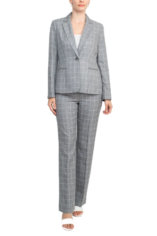 Le Suit Notched Collar 1 Button Tie Mélange Windowpane Jacket with Button Hook Zipper Closure Crepe Pants Suit (Two Piece Set) Elegant Evening Skirt