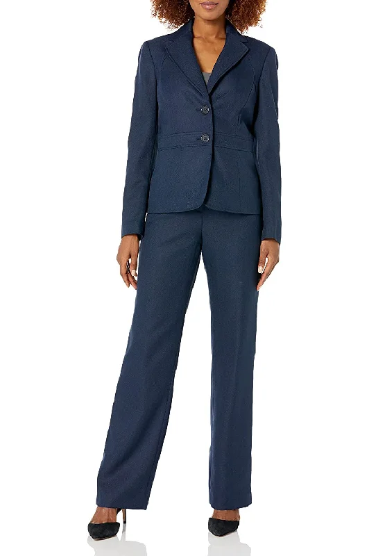 Le Suit notched collar 2 button banded herringbone pattern jacket with button hook zipper closure pant Flowy A-Line Skirt